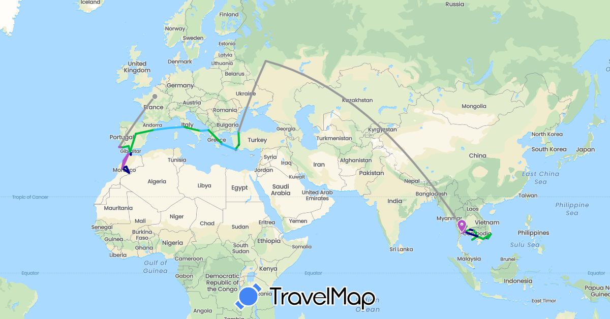 TravelMap itinerary: driving, bus, plane, train, hiking, boat in Albania, Spain, France, Greece, Italy, Cambodia, Morocco, Portugal, Russia, Thailand, Turkey, Vietnam (Africa, Asia, Europe)